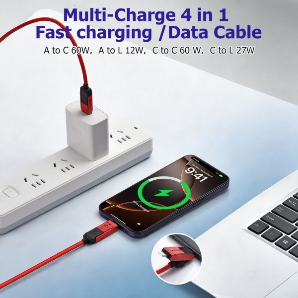 4-in-1 60W PD Fast Charging & Data Cable – USB-C to USB-C, USB-C to Lightning, USB-A to Type-C & Lightning