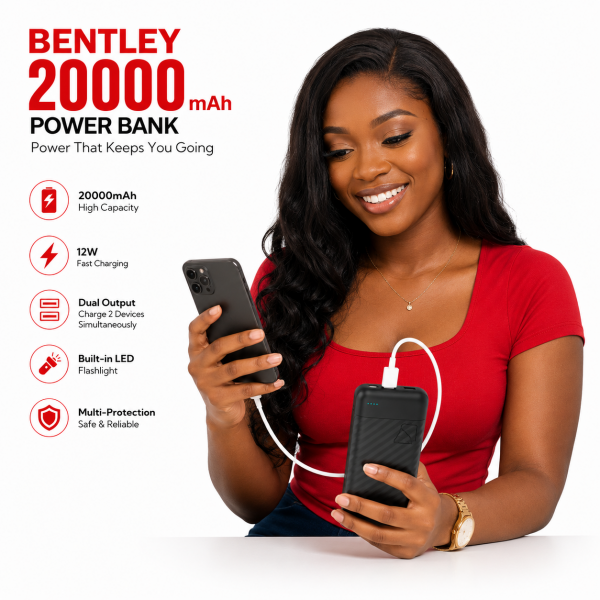 Bentley 20000mAh Power Bank 12W Fast Charging with Type-C Input, Dual USB Output & Flashlight – P20B