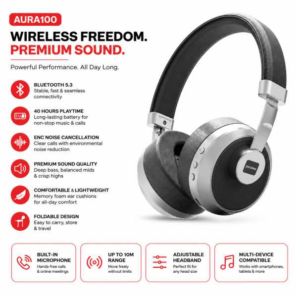 POOLEE Aura-100 Wireless Bluetooth 5.3 Over-Ear Headphones with ENC, Deep Bass & 40-Hour Battery