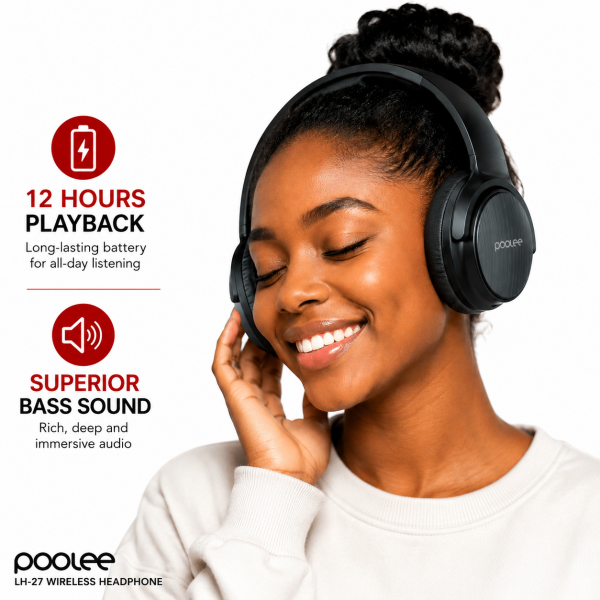 POOLEE LH-27 Wireless Bluetooth Headphones with Deep Bass, 15-Hour Battery & Built-in Mic – Black