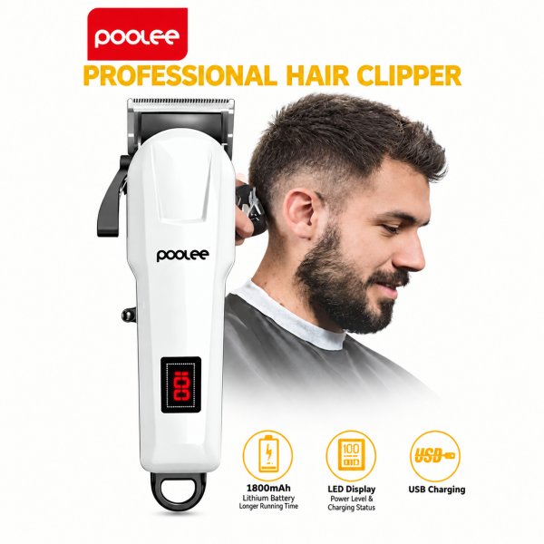 Poolee Rechargeable Hair Clipper – Cordless Professional Hair Trimmer with LED Digital Battery Display, 3mm–13mm Guide Combs
