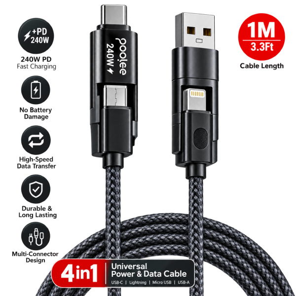 POOLEE CPX4 Pro 240W 4-in-1 Fast Charging & Data Cable – 1M