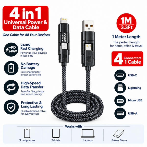 POOLEE CPX4 Pro 240W 4-in-1 Fast Charging & Data Cable – 1M