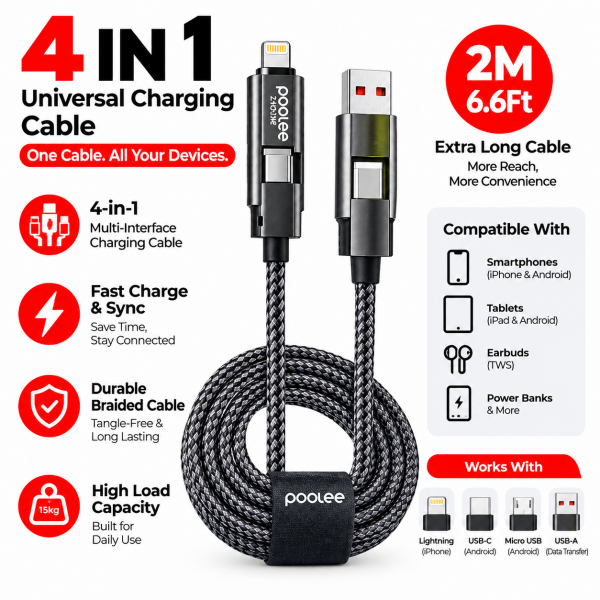 POOLEE CPX4 Pro Max 4-in-1 240W Fast Charging & Data Cable 2M