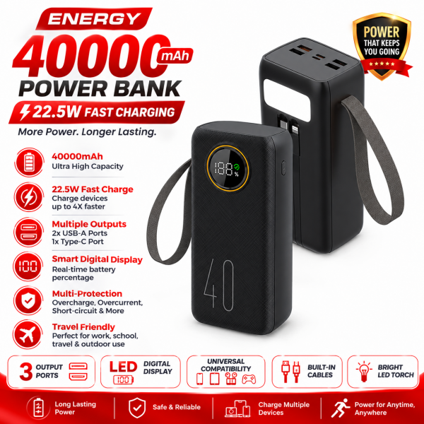 Poolee Energy 40000mAh Power Bank with 22.5W PD Fast Charging, Built-in Type-C & iPhone Cables