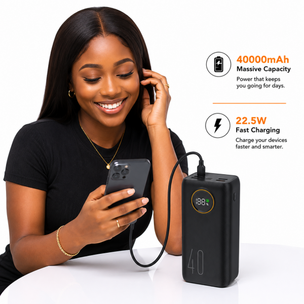 Poolee Energy 40000mAh Power Bank with 22.5W PD Fast Charging, Built-in Type-C & iPhone Cables