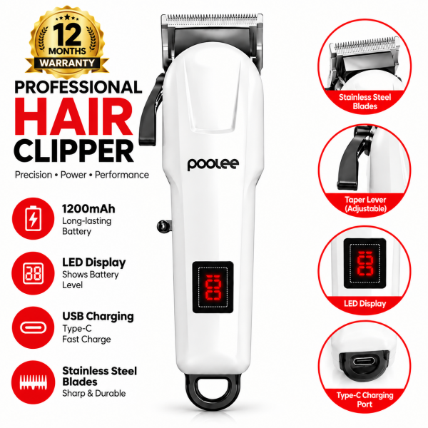 Poolee Rechargeable Hair Clipper – Cordless Professional Hair Trimmer with LED Digital Battery Display, 3mm–13mm Guide Combs