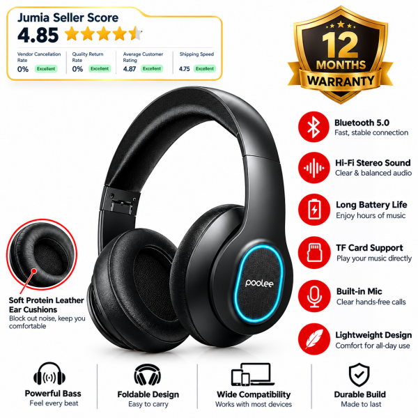 POOLEE LH-5 Wireless Bluetooth Headphones – Over-Ear Stereo Headset with Bluetooth 5.4, 40mm Drivers, Built-in Microphone & 400mAh Battery – Black