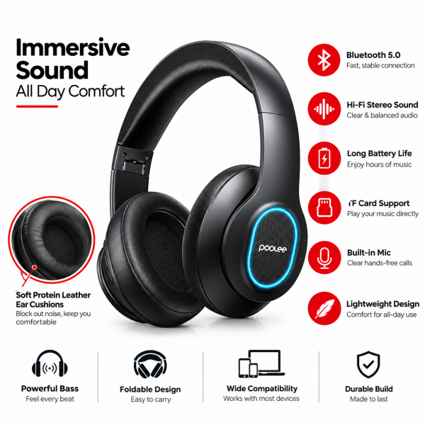 POOLEE LH-5 Wireless Bluetooth Headphones – Over-Ear Stereo Headset with Bluetooth 5.4, 40mm Drivers, Built-in Microphone & 400mAh Battery – Black
