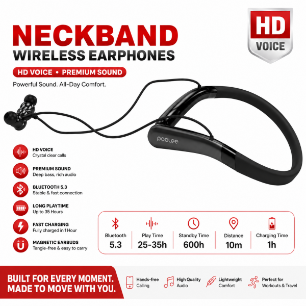 Poolee Bluetooth 5.3 Wireless Neckband Earphones with HD Voice, Deep Bass, Magnetic Earbuds & 35-Hour Playtime