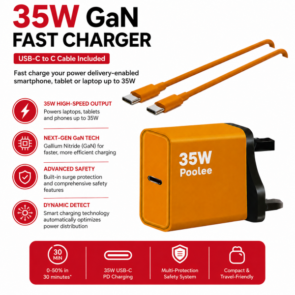 Poolee TX35 GaN 35W Fast Charger with USB-C to C Cable – USB-C PD Power Delivery Charger