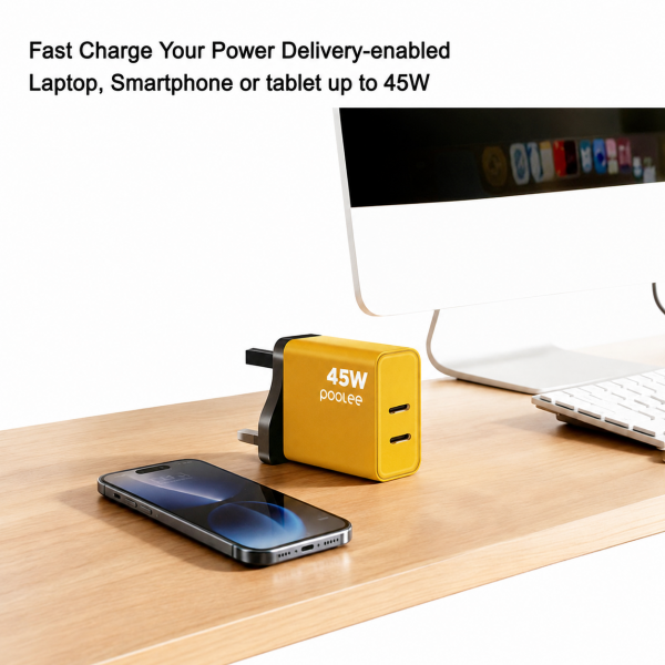 Poolee TX45 GaN 45W Fast Charger for Laptop, Phone & Tablet – Dual USB-C PD Charger with USB-C to USB-C Cable