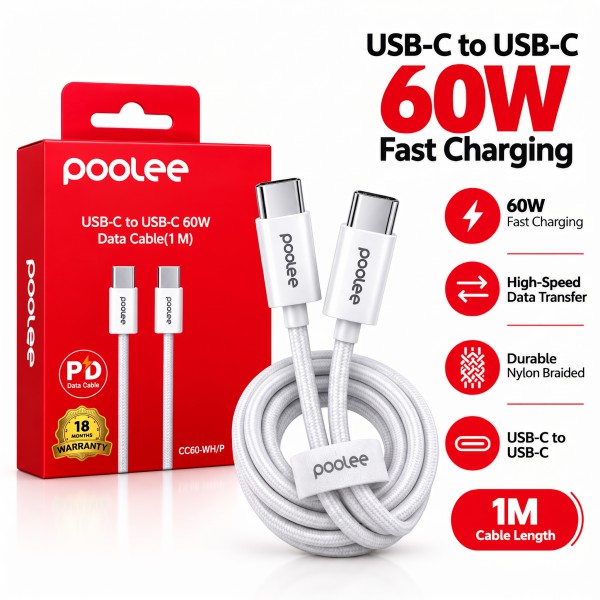 POOLEE USB-C to USB-C 60W Fast Charging & Data Cable 1M – Braided Type-C Cable