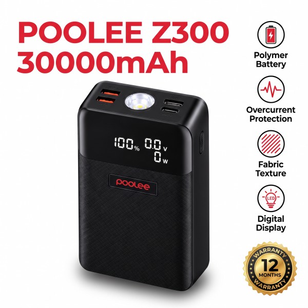 Poolee Z300 30000mAh Power Bank with Digital Display, Built-in Cables & LED Flashlight