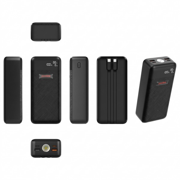 Poolee Z300 30000mAh Power Bank with Digital Display, Built-in Cables & LED Flashlight