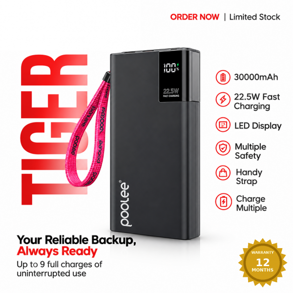 Tiger 30000mAh Power Bank 22.5W Fast Charging with Digital Display, Dual USB & Type-C