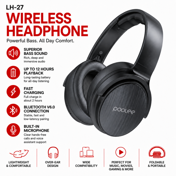 POOLEE LH-27 Wireless Bluetooth Headphones with Deep Bass, 15-Hour Battery & Built-in Mic – Black